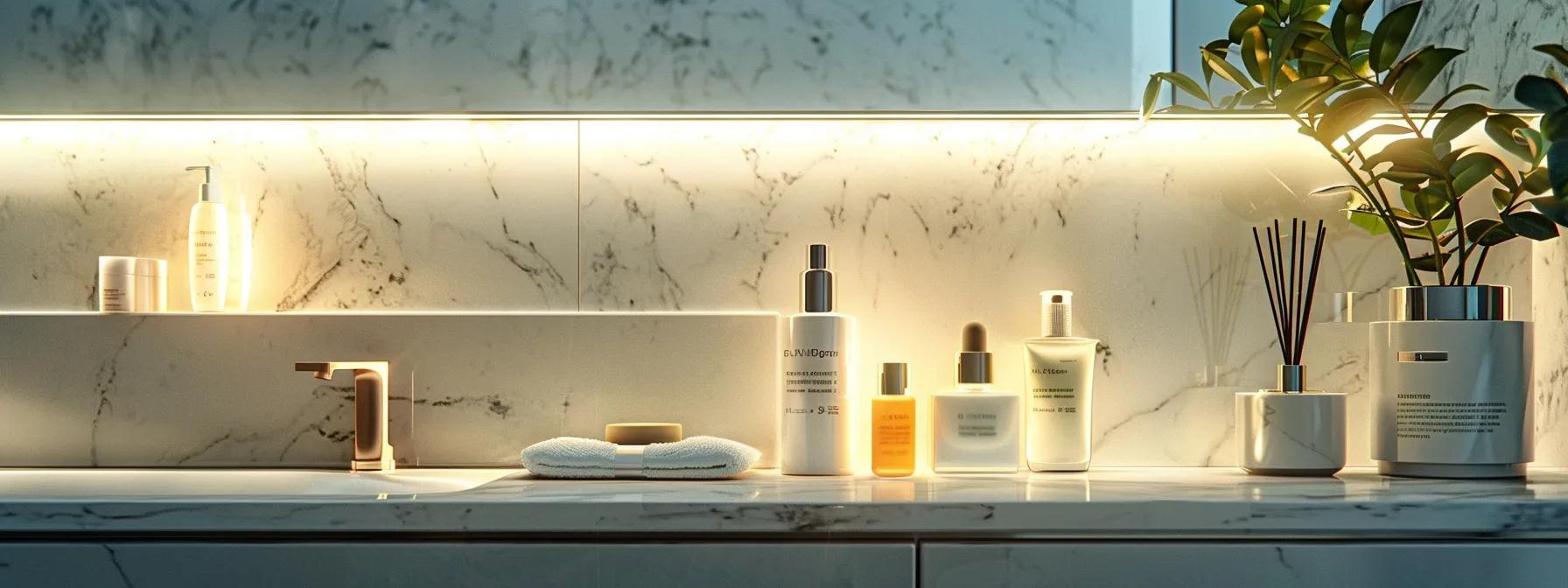 a sleek, modern bathroom lit with soft, warm light showcases a neatly arranged array of skincare products on a marble countertop, emphasizing the importance of a consistent and adaptable skincare routine for long-term skin health.