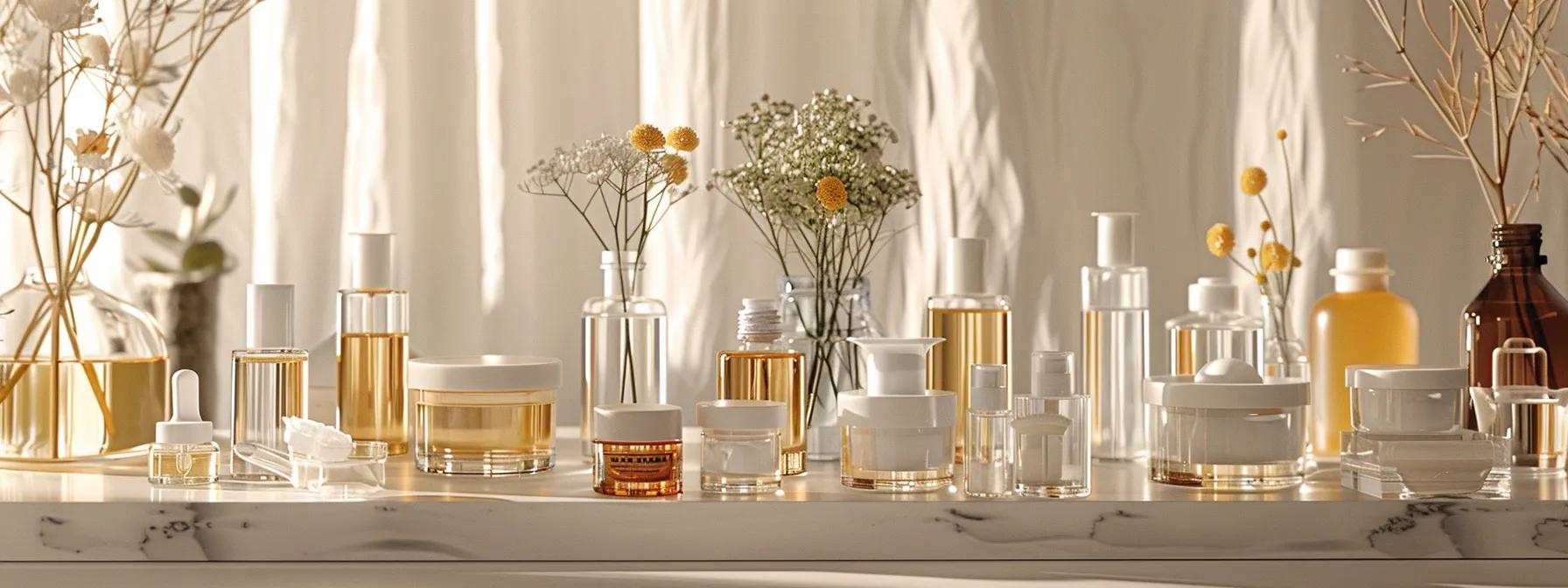 a sleek, modern skincare laboratory setting showcases a variety of elegant glass containers filled with natural ingredients like chamomile, coconut oil, and witch hazel, emphasizing a sophisticated approach to personalized skincare solutions for different skin concerns.