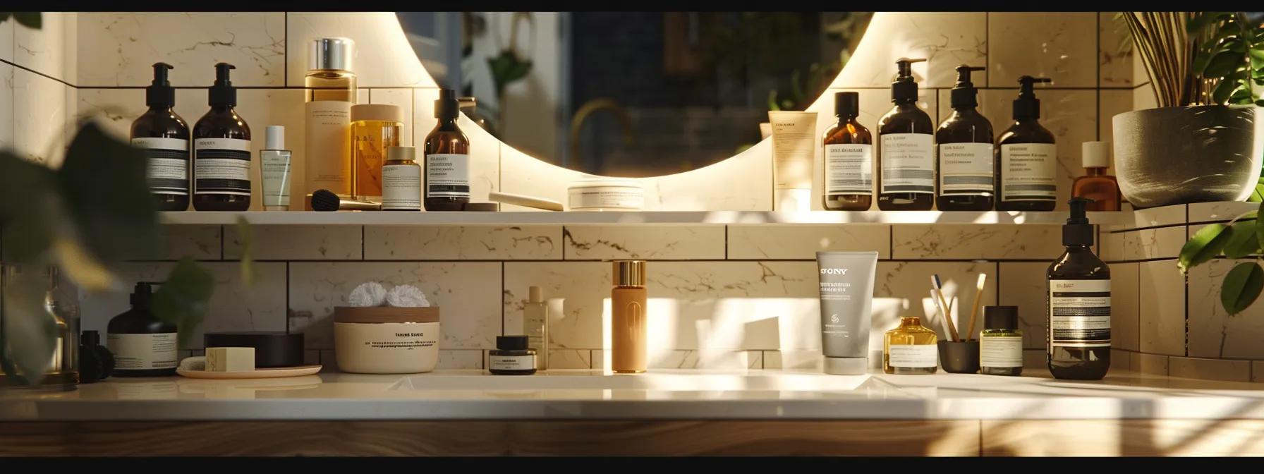 a sleek urban bathroom setting features a pristine mirror with an array of high-end skincare products artfully displayed, highlighting a morning skincare routine complete with a gentle cleanser, a vibrant vitamin c serum, hydrating moisturizer, and sunscreen, all bathed in soft, warm lighting that emphasizes the notion of daily self-care and skin protection.