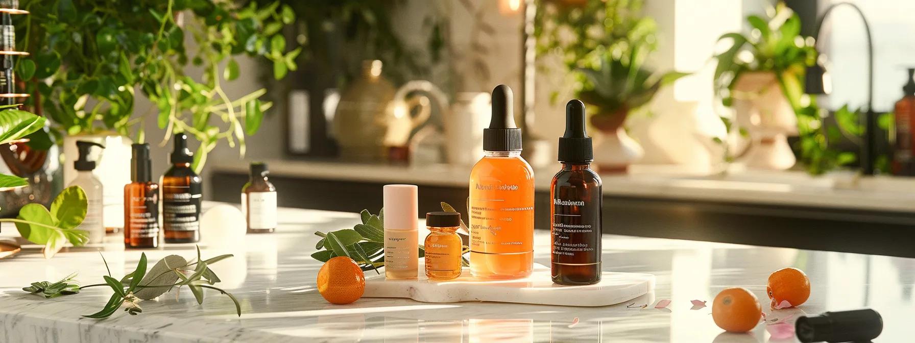 a vibrant and elegant skincare workspace featuring an array of high-quality natural ingredients, such as vitamin c, hyaluronic acid, and plant extracts, artfully arranged beside sleek, sophisticated skincare products on a polished countertop under warm, inviting lighting.