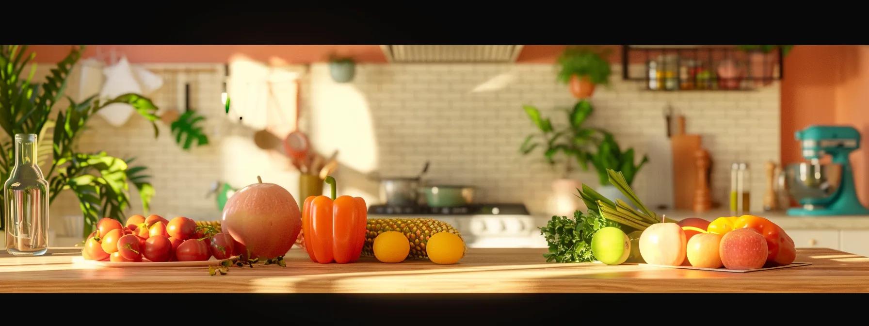 a vibrant, modern kitchen setting showcases an array of fresh, colorful fruits and vegetables alongside a clean, minimalist countertop, emphasizing the essential role of nutrition in achieving healthy, glowing skin.